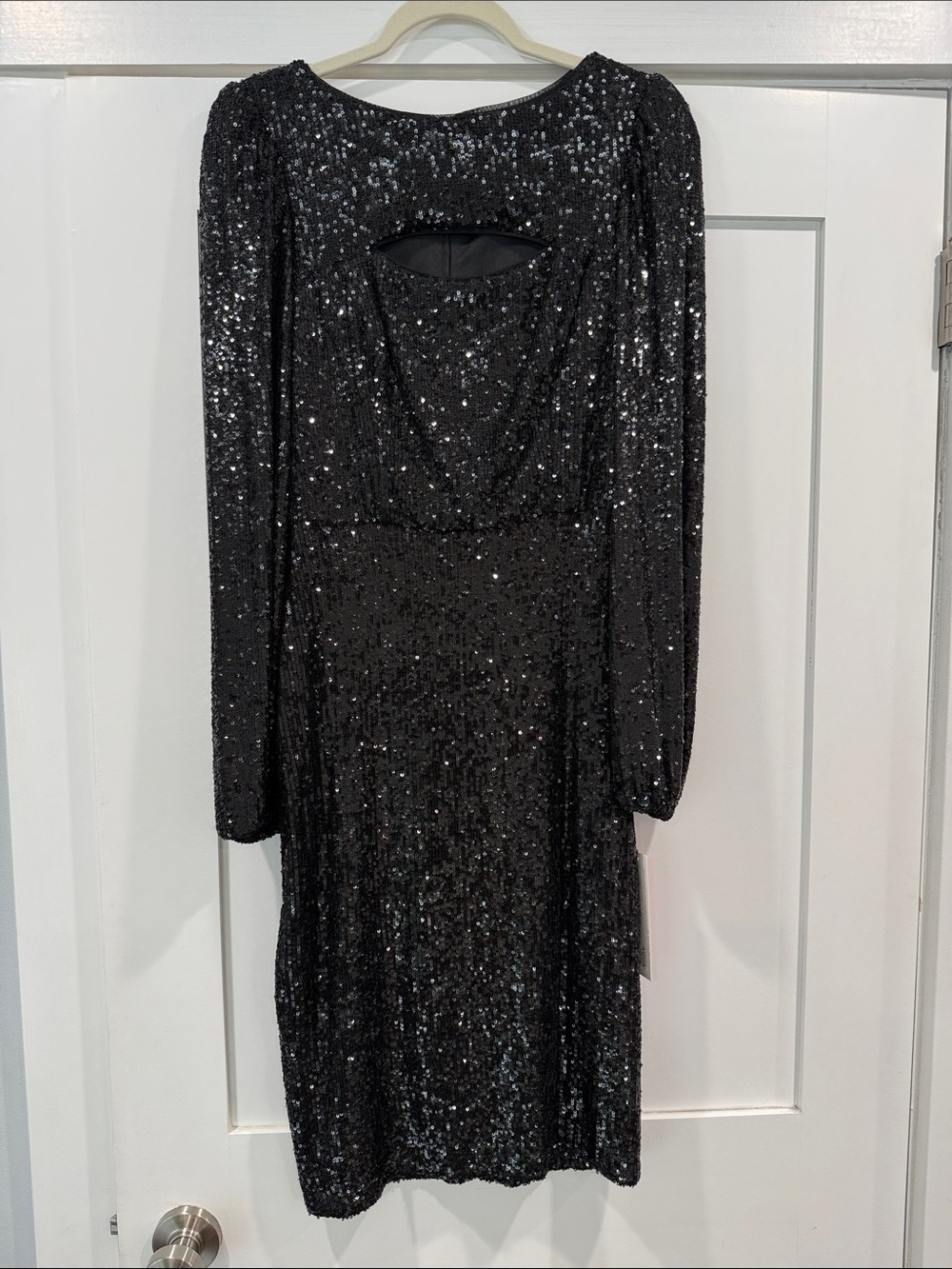 Aqua Black Sequin Long Sleeve midi Dress with front Cutout